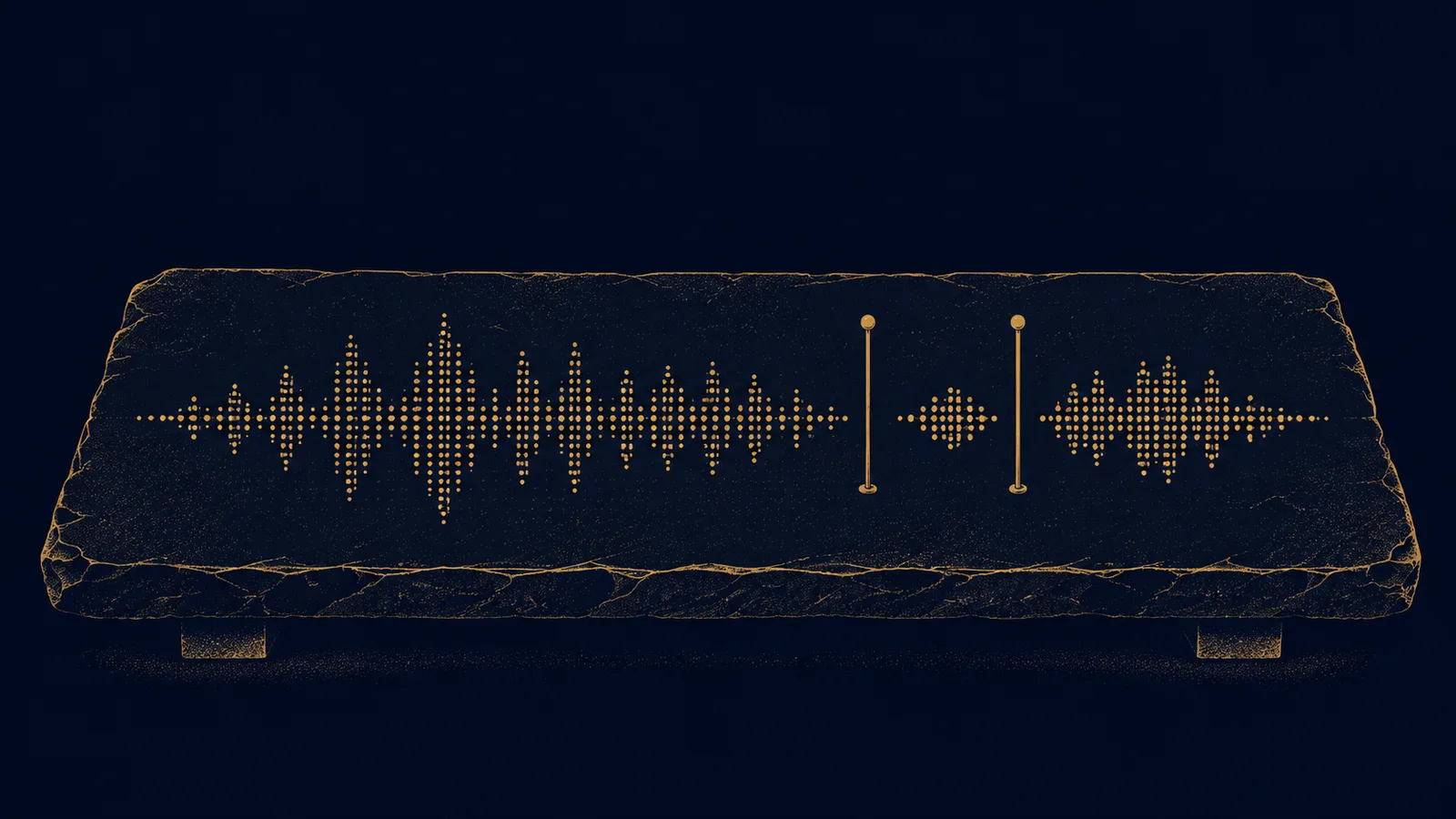 A golden dotted sound wave pinned in three segments of different lengths on a dark stone dissection slab