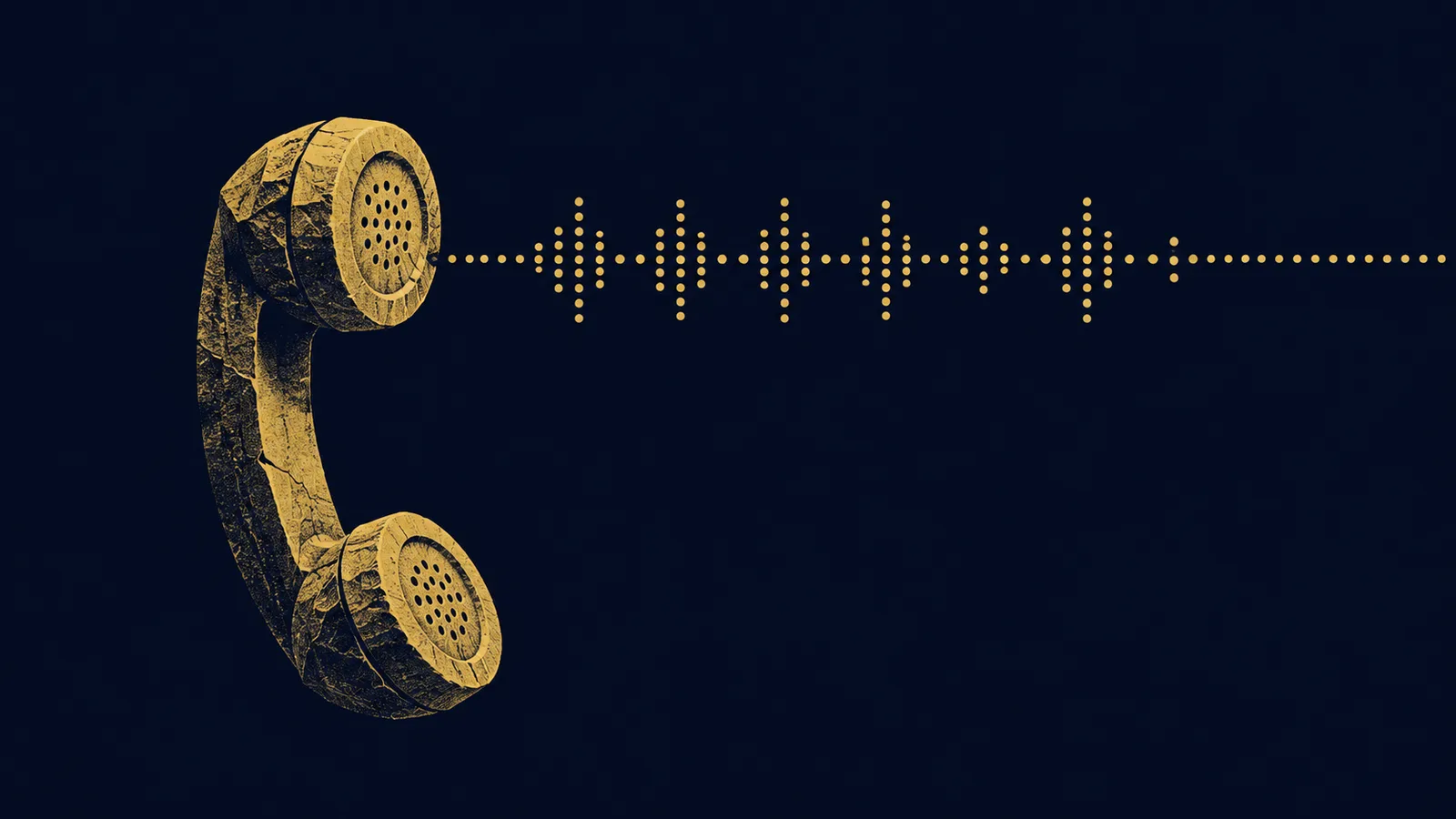 A telephone handset carved from ancient stone, a golden dotted audio waveform flowing from its earpiece and settling into a steady cadence